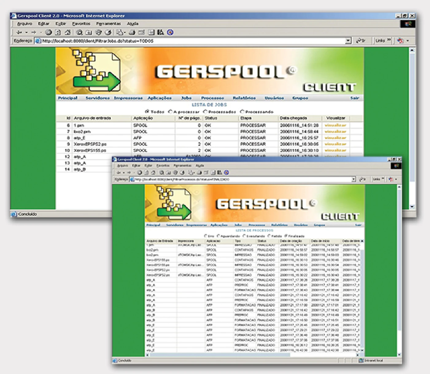 Telas do GerSpool Client apresentadas no folder do produto.